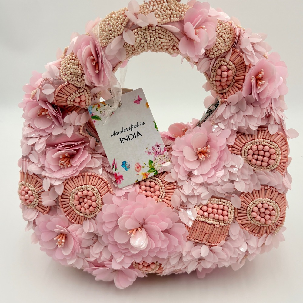 Handcrafted in India Pink 3D Sequin Flower Beaded Hobo Bag Evening Top Handle